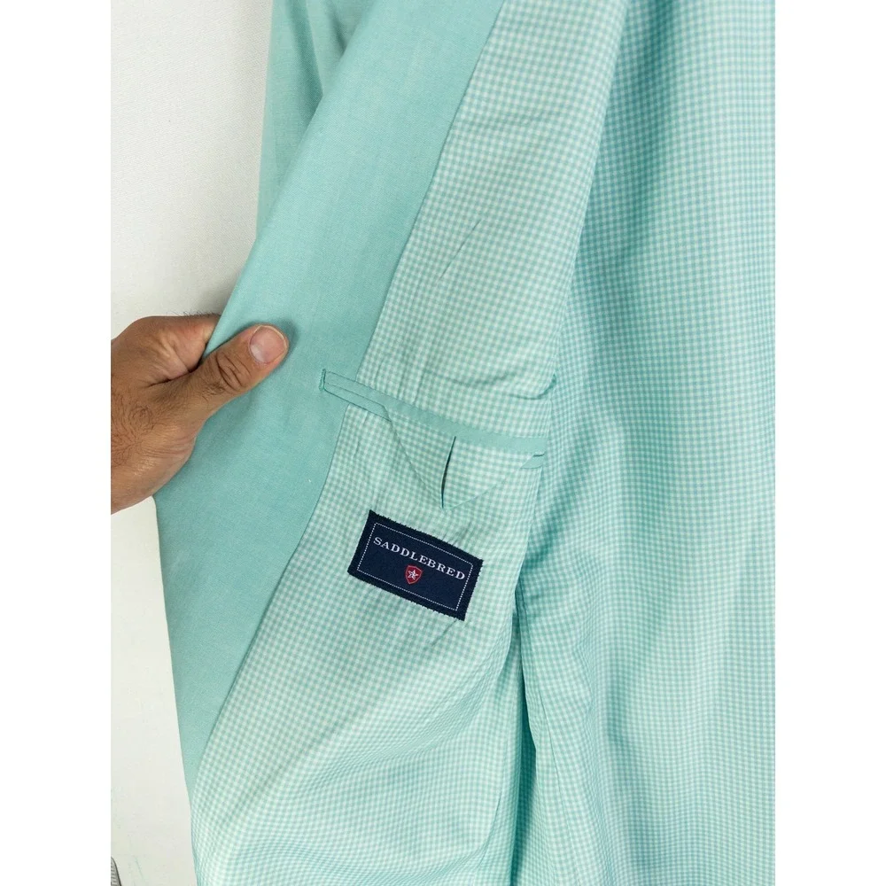 Saddlebred Mint Turquoise Sport Coat Blazer Mens Gingham Lined 42R Preppy Countr